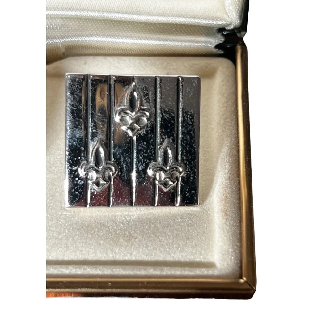 Vintage Swank Silver-Tone Fleur-De-Lis Cufflinks With Original Box